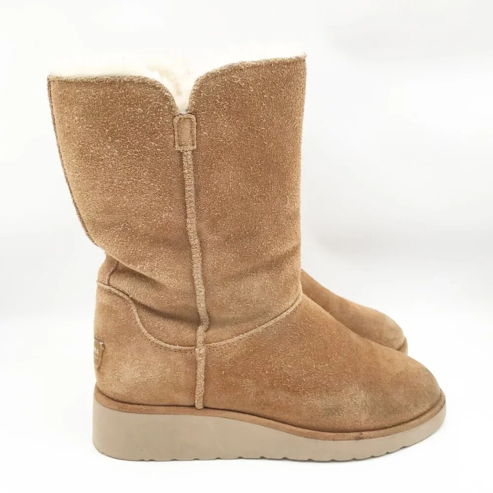 KOOLABURRA UGG Koola Slim Short Chestnut Brown Suede Fur Lined Boots Womens 6